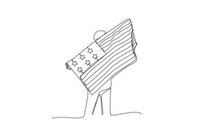 Célibataire une ligne dessin homme en portant une gros Etats-Unis drapeau. indépendant journée Etats-Unis concept. continu ligne dessin illustration vecteur