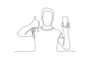 Célibataire une ligne dessin homme en portant une cellule téléphone tandis que posant d'accord. mobile téléphone concept. continu ligne dessin illustration vecteur
