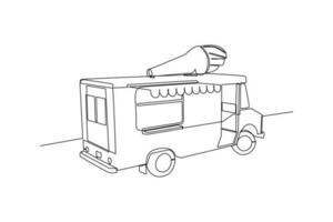Célibataire une ligne dessin mobile la glace crème camion. nourriture un camion concept. continu ligne dessin illustration. vecteur