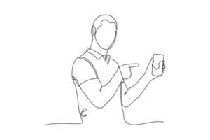 Célibataire une ligne dessin homme montrer du doigt à mobile téléphone. mobile téléphone concept. continu ligne dessin illustration vecteur