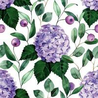 aquarelle sans couture modèle avec violet hortensia fleurs et eucalyptus feuilles sur blanc Contexte vecteur