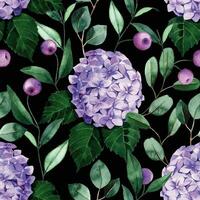 aquarelle sans couture modèle avec violet hortensia fleurs et eucalyptus feuilles sur noir Contexte vecteur