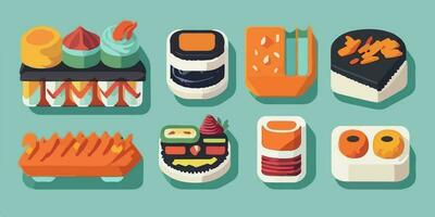 dessin animé Sushi extravagance, espiègle vecteur illustration de une coloré propager