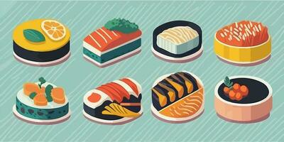 savoureux escapades, en couleur illustration de une l'eau à la bouche Sushi ensemble vecteur