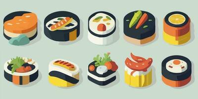 espiègle Sushi pays des merveilles, coloré illustration avec adorable personnages et Rouleaux vecteur