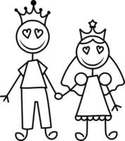 des gamins ligne dessin de une couple dans l'amour habillé comme une Roi et reine vecteur