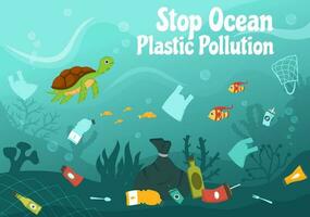 Arrêtez océan Plastique la pollution vecteur illustration avec poubelle en dessous de le mer comme une déchets sac, des ordures et bouteille dans plat dessin animé main tiré modèles