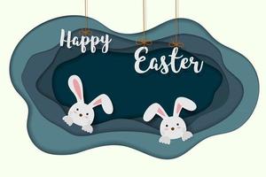 Joyeuses Pâques carte de voeux en papier découpé et style artisanal avec des lapins heureux dans une maison souterraine vecteur
