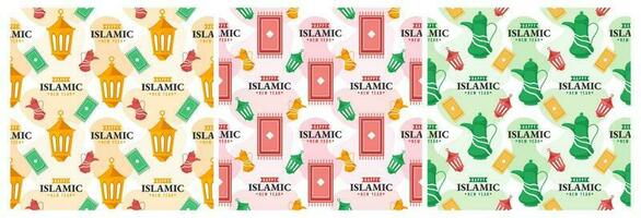 ensemble de content islamique Nouveau année sans couture modèle conception plat illustration avec les musulmans éléments dans modèle main tiré vecteur