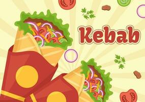 kebab vecteur illustration avec Rembourrage poulet ou du boeuf Viande, salade et des légumes dans pain tortilla emballage dans plat dessin animé main tiré modèles
