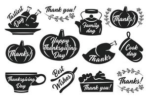 Thanksgiving autocollants étiquettes automne novembre vacances dinde citrouille tasse bouilloire tarte four gant herbes lettrage silhouettes noires vecteur