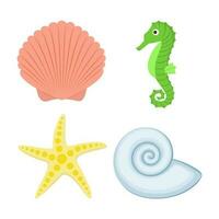 vecteur illustration. silhouettes de coquillages, hippocampe et étoile de mer dans dessin animé style.