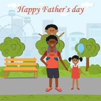 Carte de voeux cadeau pour père en vacances père avec fille et fils sur une promenade dans le style plat illustration vectorielle de couleur parc vecteur