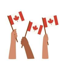 mains en portant canadien drapeaux. vecteur main tiré illustration.