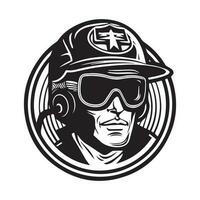 vecteur illustration de une pompier tête avec casque et des lunettes de protection dans ancien style, mascotte logo conception
