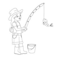 peu fille pêche. plein longueur de souriant fille en portant pêche barre avec poisson sur accrocher. vecteur contour illustration isolé sur blanc Contexte.