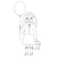 contour vecteur illustration fille avec ballon et ours jouet. mignonne enfant pour isolé sur blanc pour coloration livre