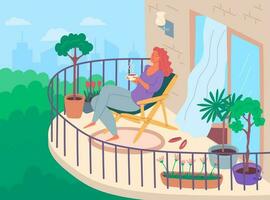 dessin animé Couleur personnage femme balcon boisson café concept. vecteur