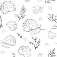 Escargot de jardin dessiné à la main avec des éléments floraux gravés modèle sans couture dans un style vintage vecteur