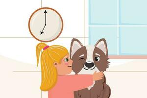 mignonne dessin animé illustration avec une fille étreindre sa ami chien. amitié, se soucier, l'amour entre Humain et animal de compagnie concept illustration. vecteur