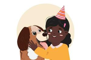 mignonne dessin animé illustration avec une noir fille avoir une chiot pour sa anniversaire. amitié, se soucier, l'amour entre Humain et animal de compagnie concept illustration. vecteur