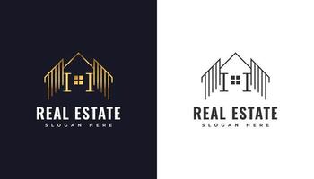 logo immobilier de luxe en or bâtiment développement immobilier logo architecture et construction vecteur