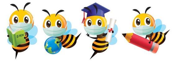 dessin animé mignon abeille porter un masque de protection retour au jeu de caractères d'éducation scolaire vecteur