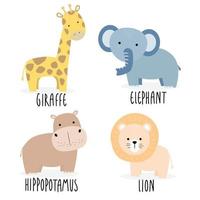 mignon, animal sauvage, girafe, éléphant, hippopotame, et, lion, personnage de dessin animé vecteur