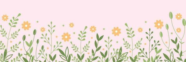 printemps floral frontière. bannière avec brindilles, feuilles et fleurs. vecteur illustration. été botanique Contexte.