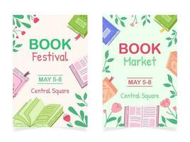 ensemble de deux affiches avec livres à afficher une littéraire marché ou festival. modèles avec livres et fleurs pour livre publicité, librairie vente. main tiré vecteur illustration.