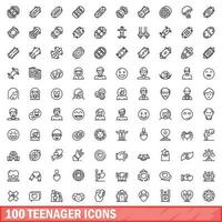 100 adolescent Icônes ensemble, contour style vecteur
