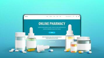en ligne pharmacie, bleu bannière avec tablette avec offre sur écran et médicaments vecteur