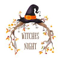 Cadre Halloween aquarelle avec branches, chapeau de sorcière et toile d'araignée vecteur