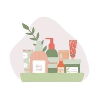 produits de soin bio dans une illustration plate de plateau vecteur