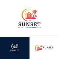 maison sur le plage logo modèle, Créatif maison logo conception vecteur, Soleil logo concepts vecteur