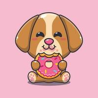 chien en mangeant Donut dessin animé vecteur illustration.