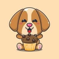 chien avec tasse gâteau dessin animé vecteur illustration.