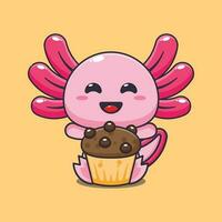 axolotl avec tasse gâteau dessin animé vecteur illustration.