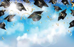 bonnets de graduation et confettis dans les airs vecteur