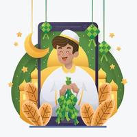 un homme célébrant eid mubarak avec ketupat vecteur