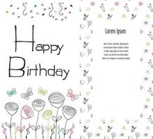 Fond de fête de carte de voeux anniversaire dessiné à la main avec des ballons confettis lettrage écrit à la main vecteur