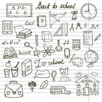 Retour aux fournitures scolaires doodles cahier sommaires serti de lettrage éléments de conception d'illustration vectorielle dessinés à la main sur carnet de croquis vecteur