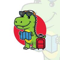 mignonne dinosaure portant des lunettes avec Voyage sac et route carte dessin animé conception vecteur