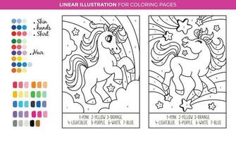 Licorne poneys étoile par nombre coloration pages, apprendre Nombres et couleurs. imprimable feuille de travail. vecteur