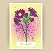 main tiré fermer chrysanthème fleur artistique vecteur illustration. botanique mariage ornement. pétales peint dans violet. floral branché modèle affiche. décoratif salutation carte invitation conception bg