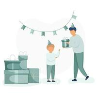 papa donne le sien fils cadeau boîte et garçon prise présent pour célébrer anniversaire faire la fête, permanent près présente. content anniversaire concept. enfants journée vecteur