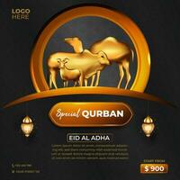 eid Al adha qurban social médias modèle avec chèvre, chameau et vache pour affiche, bannière conception. vecteur illustration