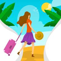 Plat femme avec valise plage illustration vectorielle vecteur