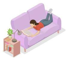 femme en train de lire une livre mensonge sur sa estomac sur une confortable canapé isométrique vecteur illustration.