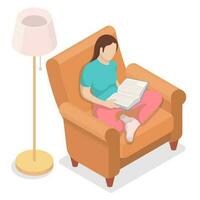 fille en train de lire une livre confortablement séance dans une chaise. isométrique vecteur illustration.